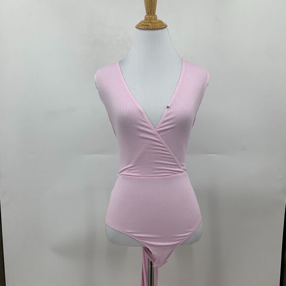 BCBGeneration Bodysuit Womens XS Extra Small Pink Cut Out Surplice Wrap Tie Knit - Picture 3 of 12